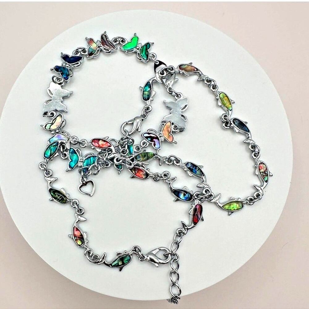Vintage Y2K Butterfly Dolphin Abalone Inlay Bracelet Set Women's Fashion Jewelry